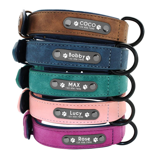 Personalized Leather Dog Collar with Name ID Tags